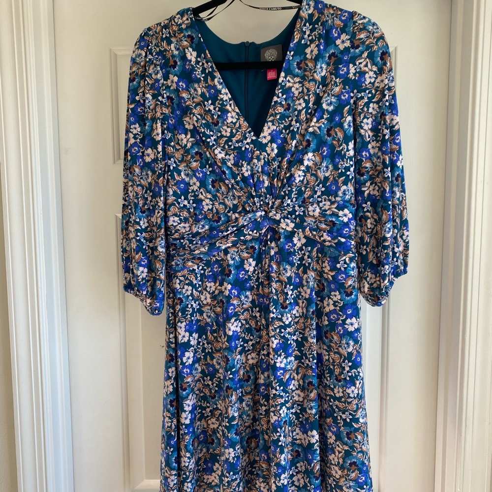 Vince Camuto Blue Wrap Sundress with Puff Sleeves